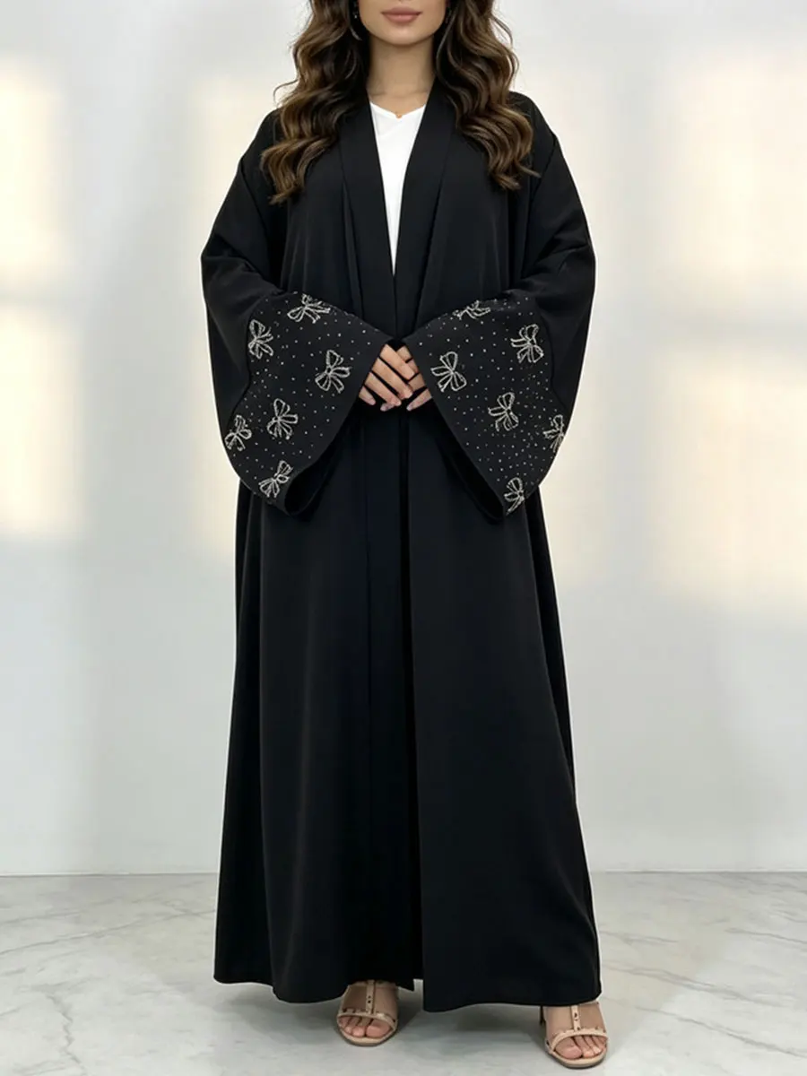 Modest Muslim Women Abaya Open Front Long Robe 4 Colors Cardigan Flare Cuff Bow Rhinestone Dubai Arabic Evening Outfit