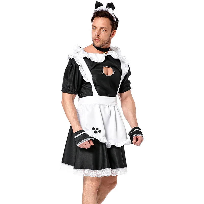 Men\'s Short Sleeve Satin French Maid Uniform Crossdressing Sissy Lingerie Fancy Dress Japanese Anime Cat Maid Outfits for Men