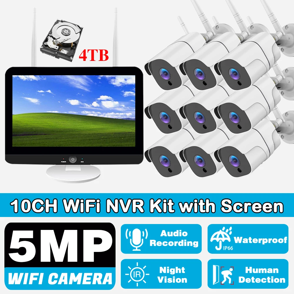 Smart 5MP 10CH Wireless NVR Kit With LCD Screen Outdoor WIFI IP Security Camera Wi-Fi Video Surveillance CCTV System For House