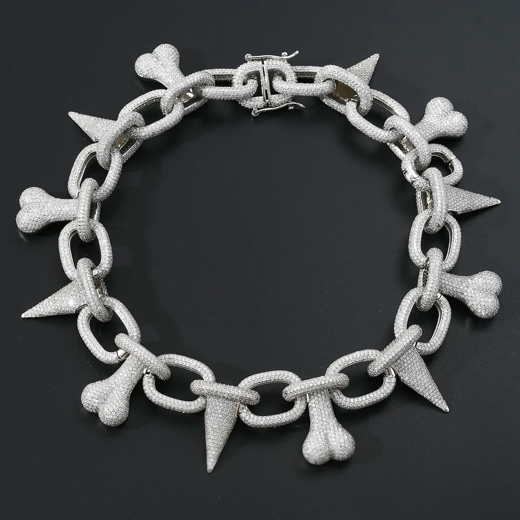 Iced Out Bone Spike Charm Bracelet Silver Plated Cubic Zircon Thick Link Chain Hip Hop Punk Unisex Statement Bracelet