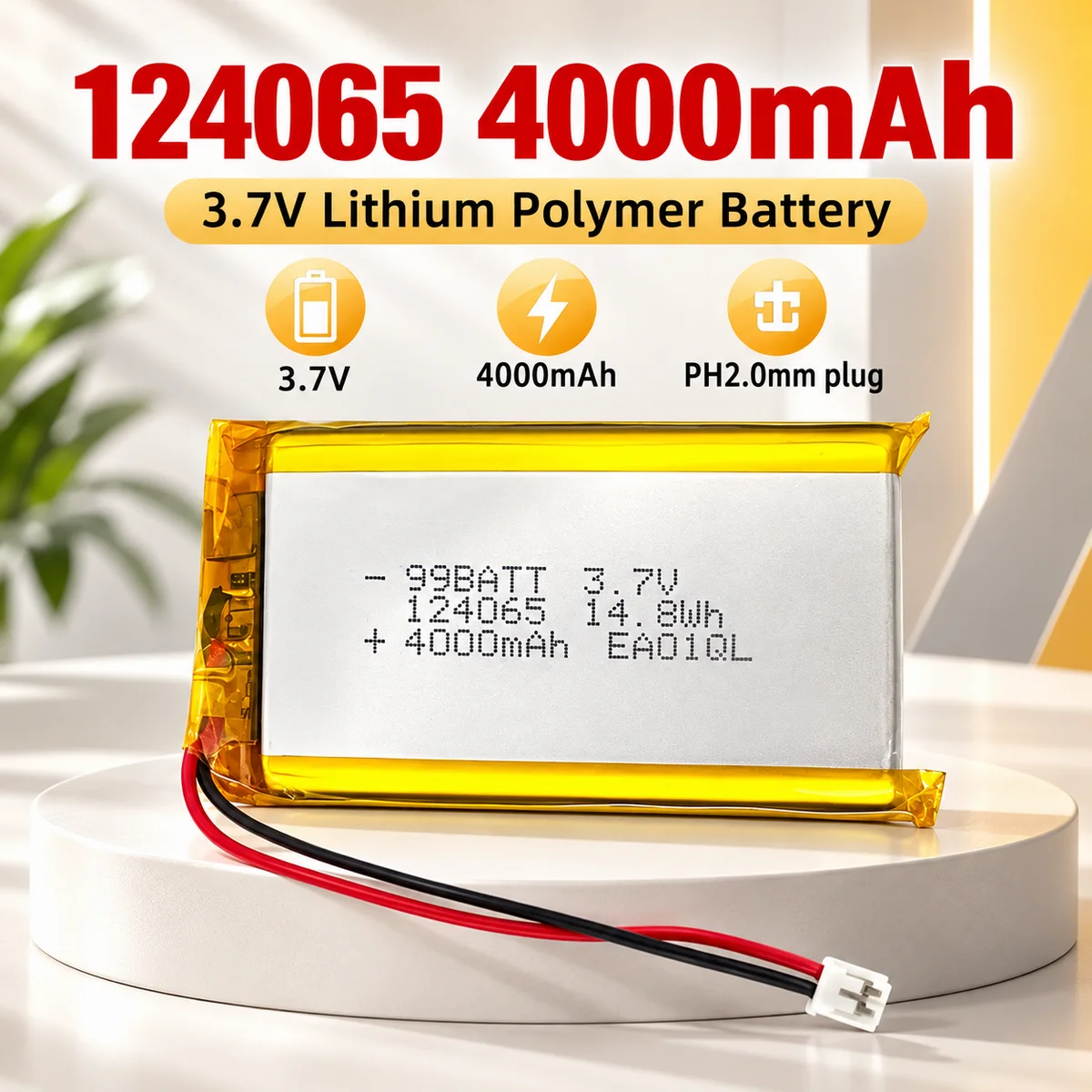 124065 4000mAh 3.7V 14.8Wh Li-Ion Polymer Replacement Battery with PH 2.0mm 2-Pin for Power Bank Electronic Lock Car Recorder