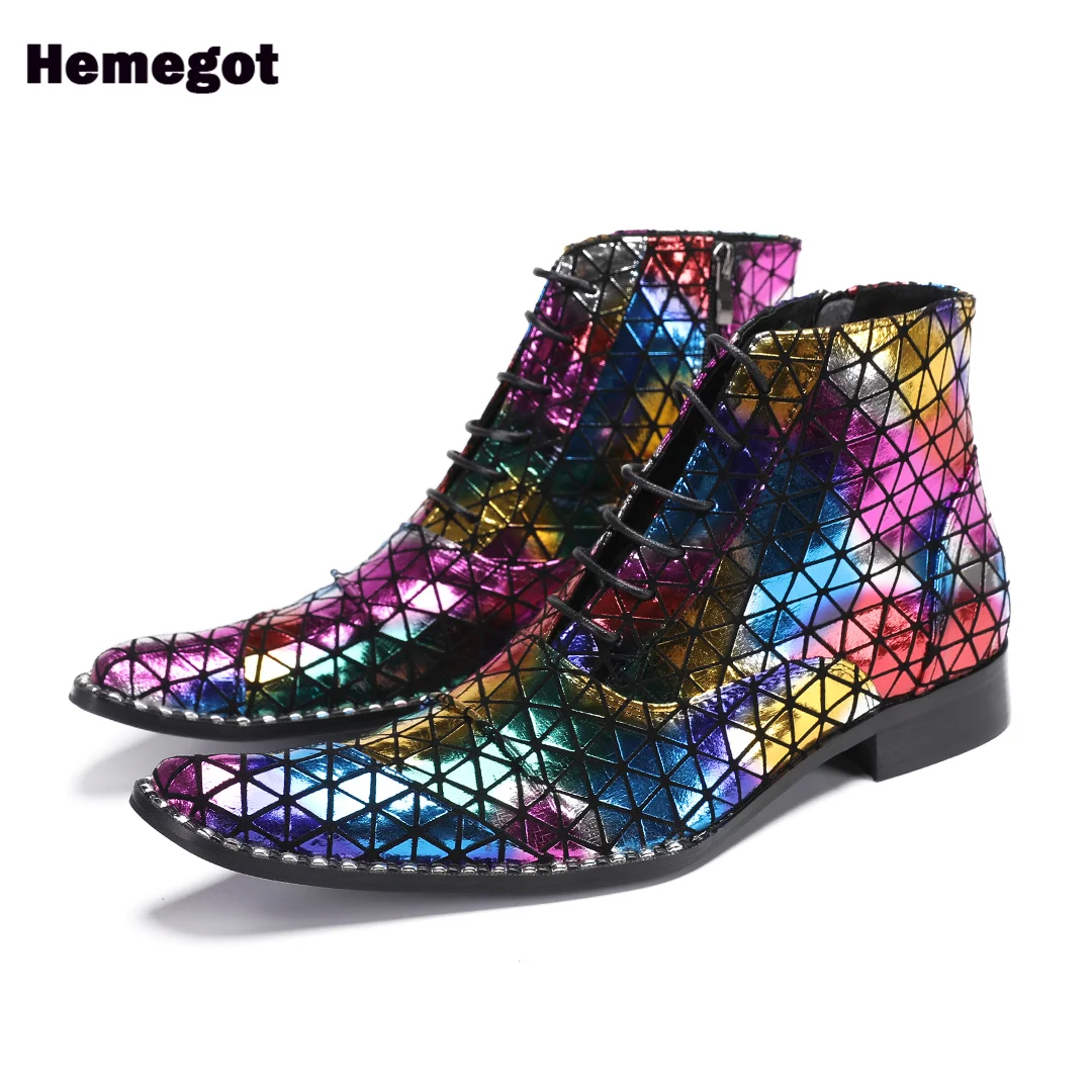 Colorful Leather Men's Boots Triangular Grid Gold Leather Stylish Side Zipper Men Boots Big Size 37-47 Botas Zapatillas Mujer