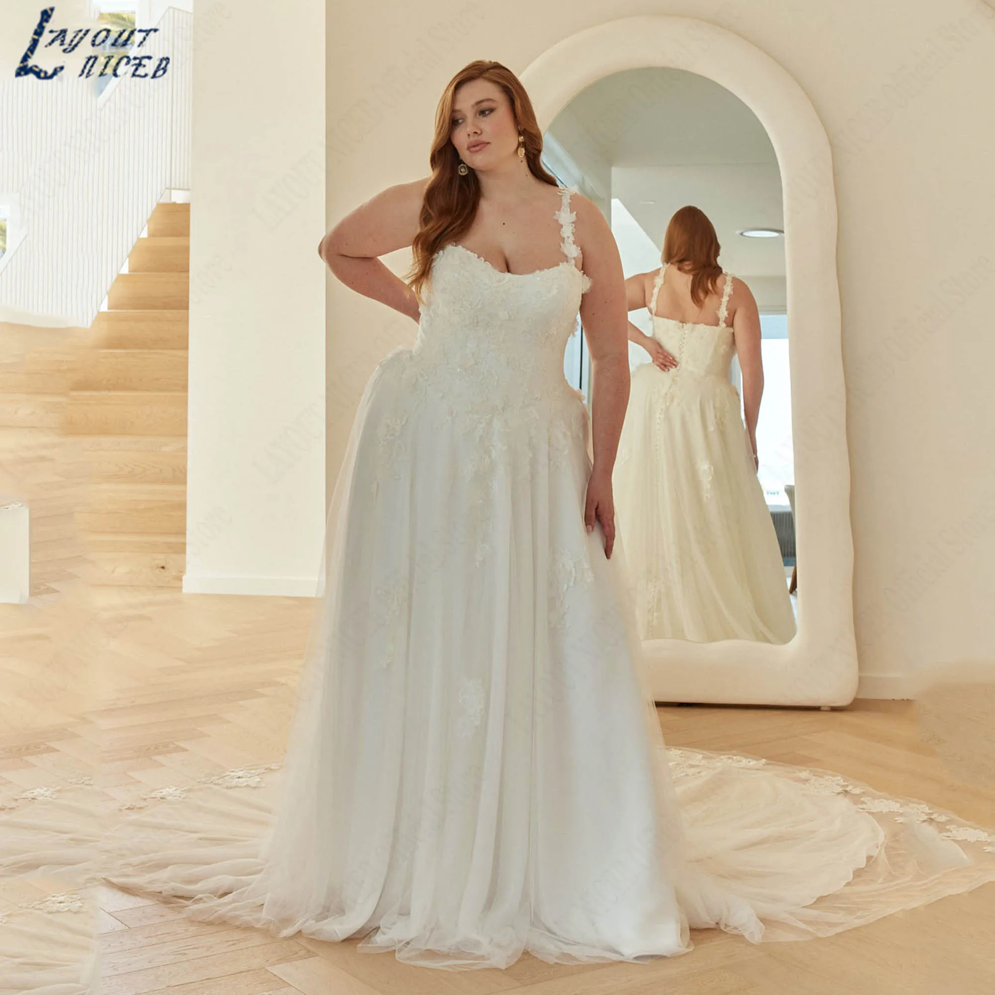 A-line Tulle Wedding Dress Luxury Lace Appliques Spaghetti Straps Bridal Gowns Plus Size Sleeveless vestidos de novia customized