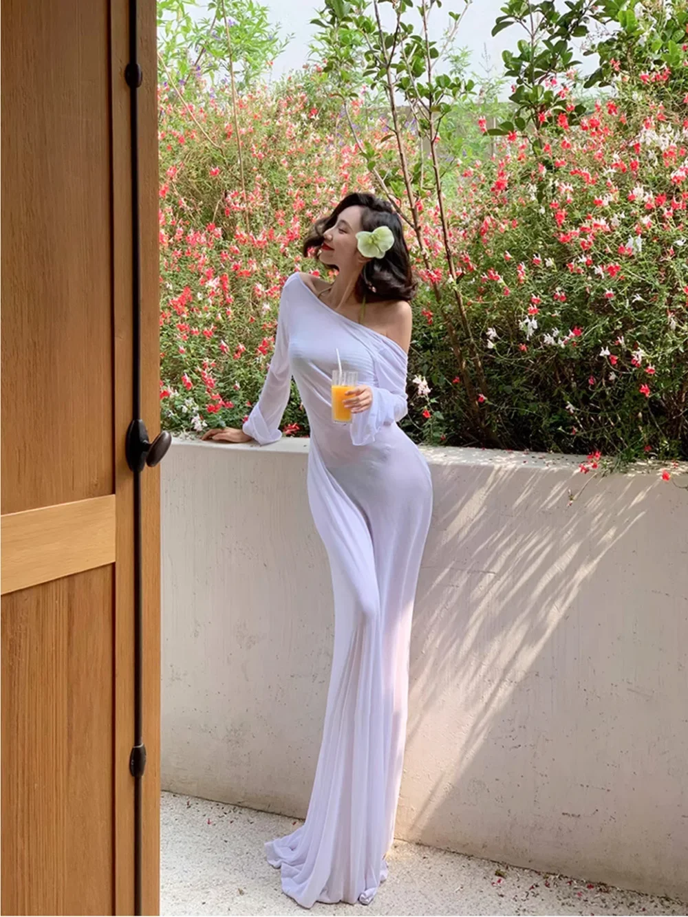 Sexy Women White Long Sleeves Backless Bikini Smock Swimwear See-through Dresses Maxi Dress Summer Holiday Beach Wear