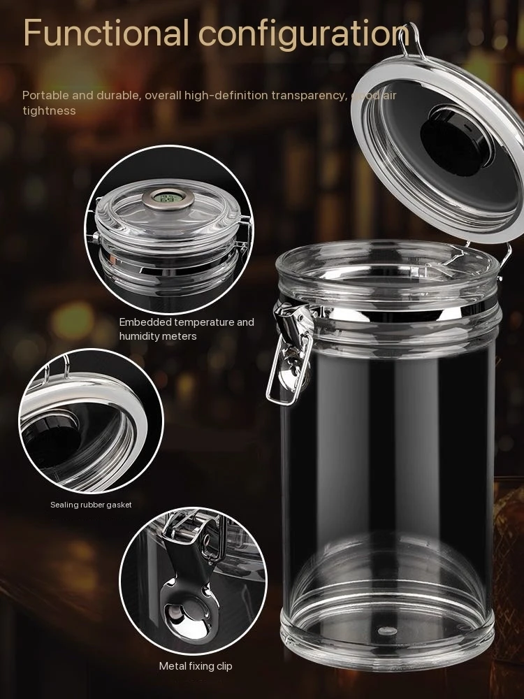 Acrylic Humidor Jar With Humidifier And Hygrometer,Humidor That Can Hold About 15-20 Cigars (Clear).