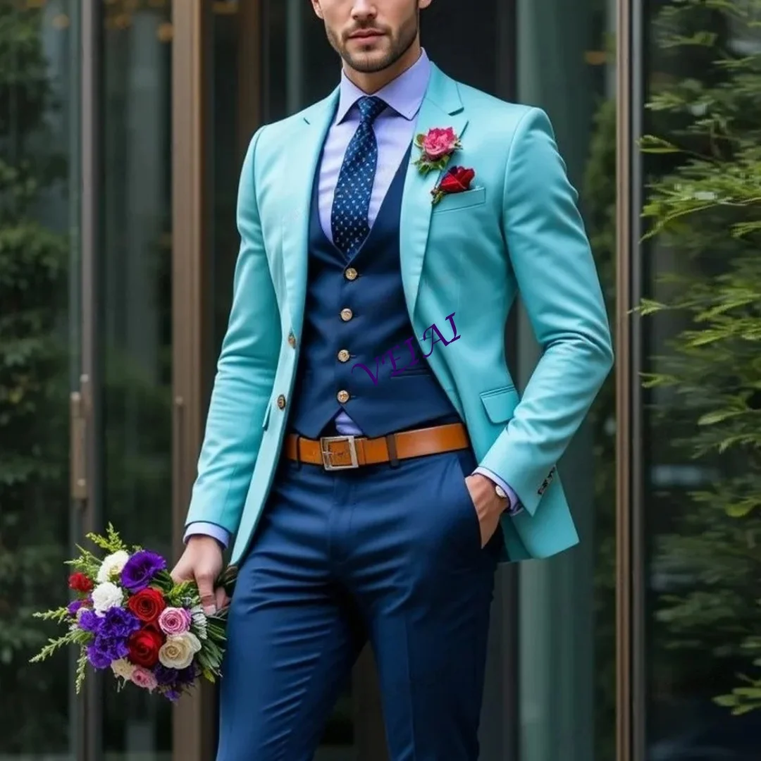 

CustomizedLight Blue And Dark Blue Formal Business Men Suit Groom Groomsman Wedding Party Prom Male Tuxedos 3 Piece Set Blazer V