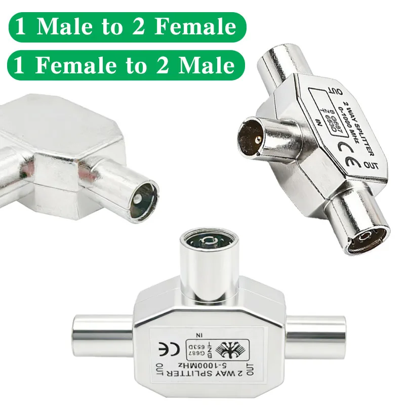 2-Way Splitter TV Male Plug Female Socket Coaxial Signal Distributor Connector One-to-Two  T-Shape TV Cable Antennas Splitter