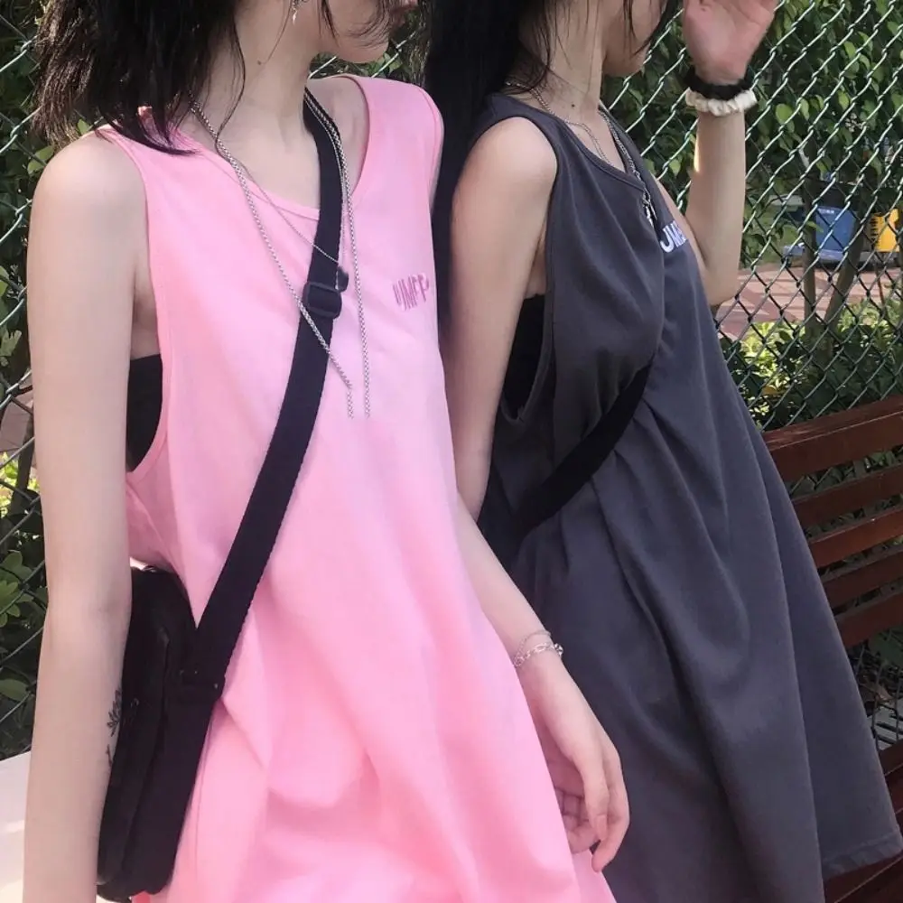 

All-match Letter Sleeveless Vest Top Loose Round Neck Women's Tank Top Bottoming Shirt Undershirts Long Camisole Girl