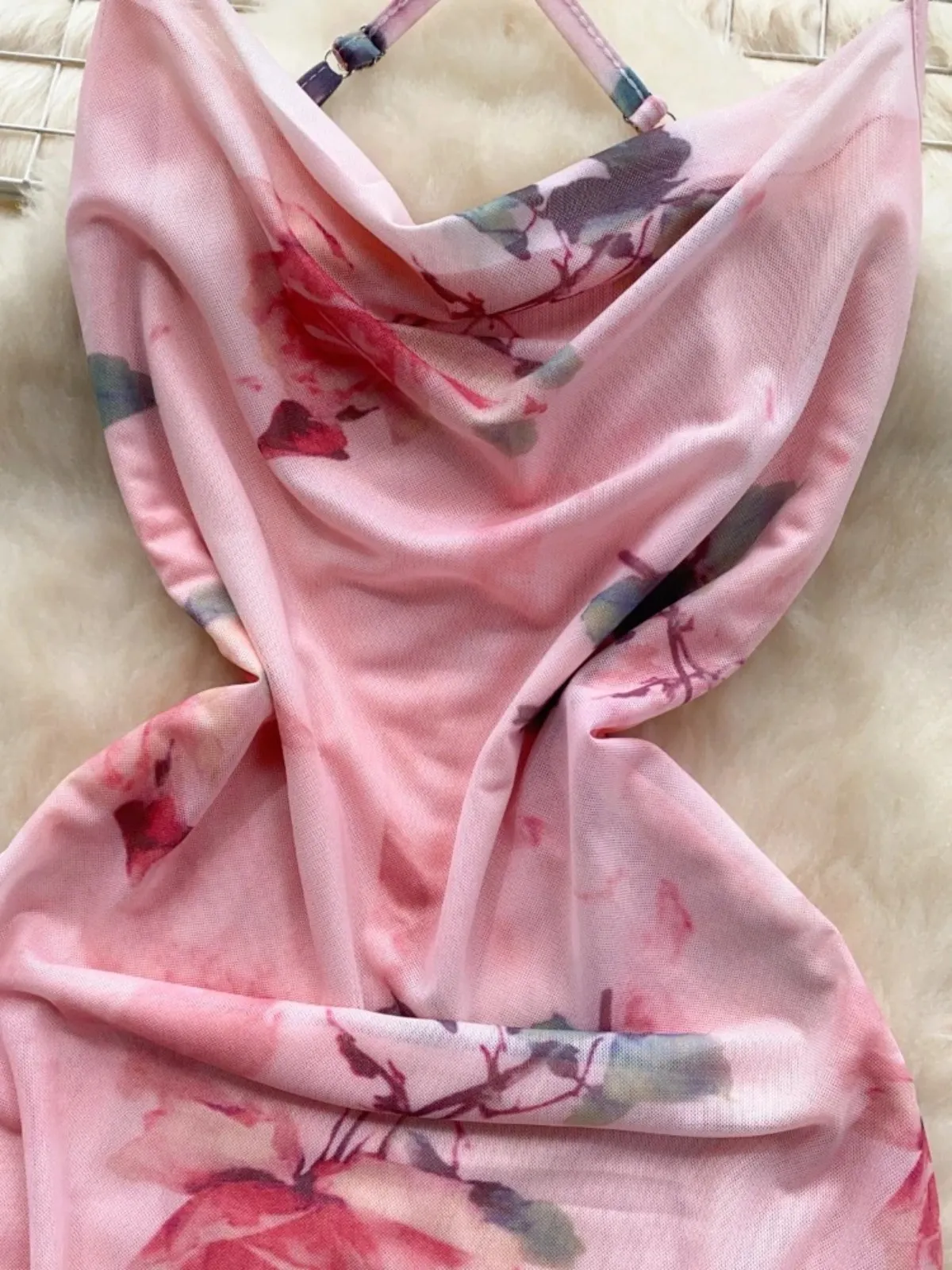 Foamlina 2025 Floral Print Mesh Long Dress Women Spaghetti Strap Hollow Out Ruffled Neck Sleeveless Bodycon Maxi Summer Wear