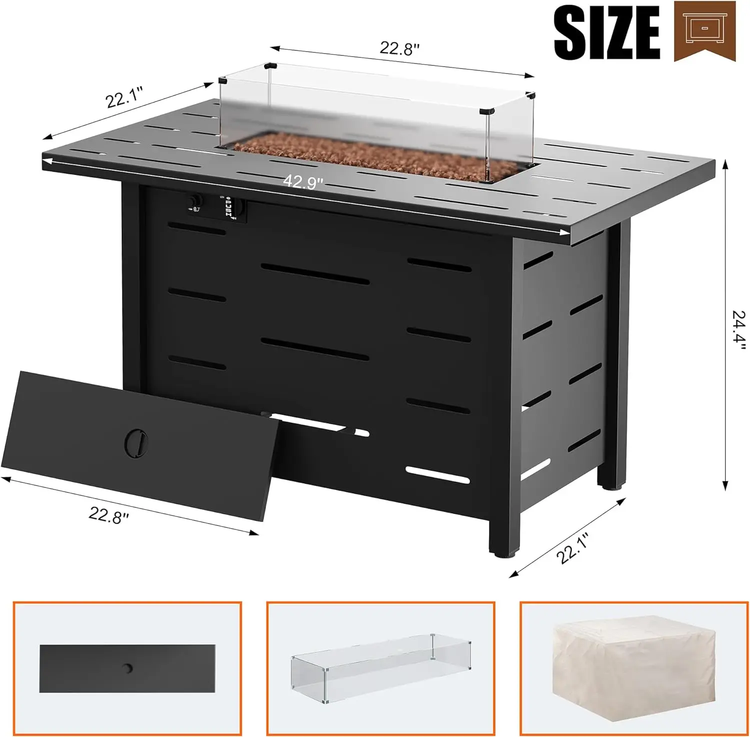 Imagem -02 - Walsunny-outdoor Propano Fire Pit Tabela com Tampa Gás Fire Pit Vidro Wind Guard Tampa Impermeável 50.000 Btu 43