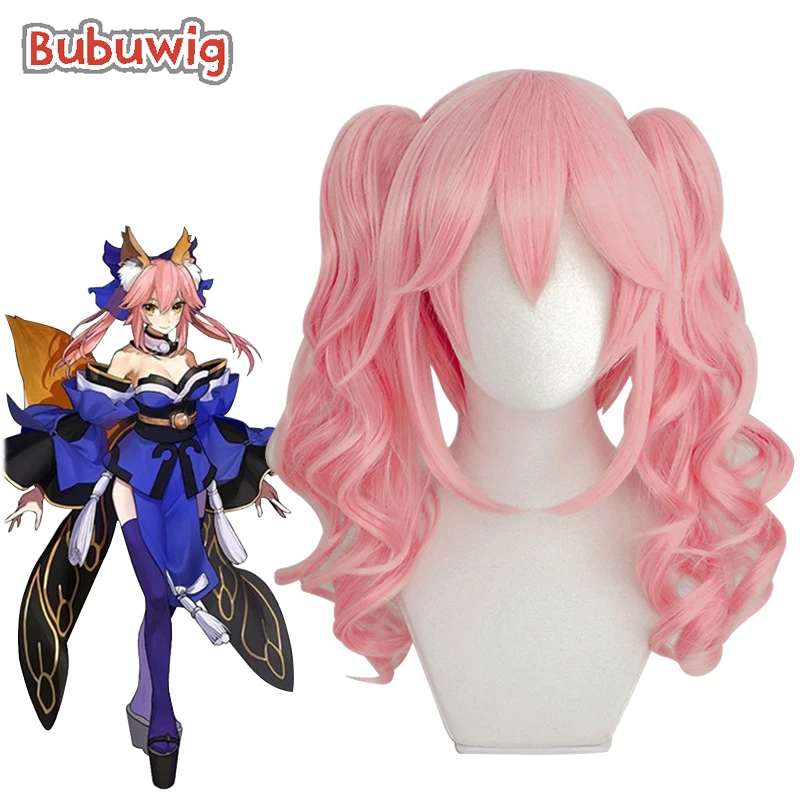 

Bubuwig Synthetic Hair Fate FGO Tamamo no Mae Ponytail Wig 40cm Long Curly Pink Cosplay Party Wigs With 2 Clips Heat Resistant