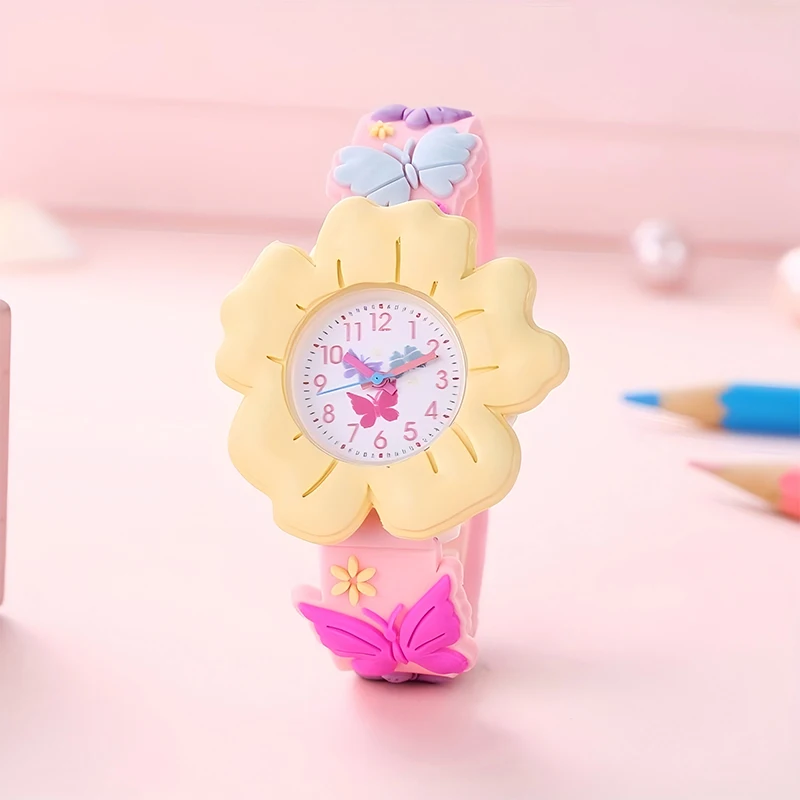 Cute Girls 3D Flowers and Butterflies Cartoon Watch - Soft PVC, Skin-friendly Silicone Strap, Quartz Movement, Not Waterproof
