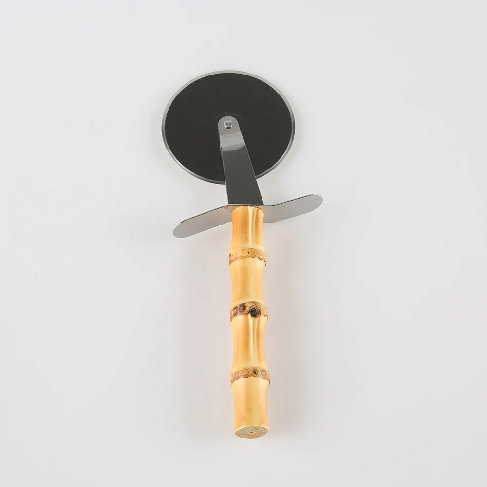 Kitchen Baking Tool Stainless Steel Natural Bamboo Root Wooden Handle Dessert Pies Cheese Bread Roller Slicer Pizza Wheel Cutter