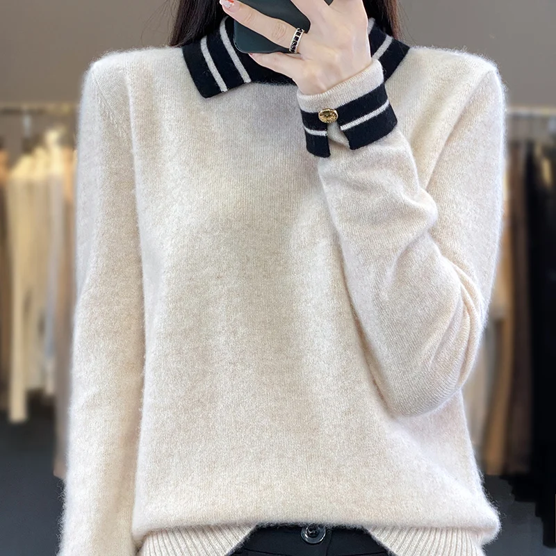 Cashmere Sweater Women\'s 100% Wool Sweater Autumn and Winter New Loose Polo Pullover High end Knitted Soft Color Matching Top