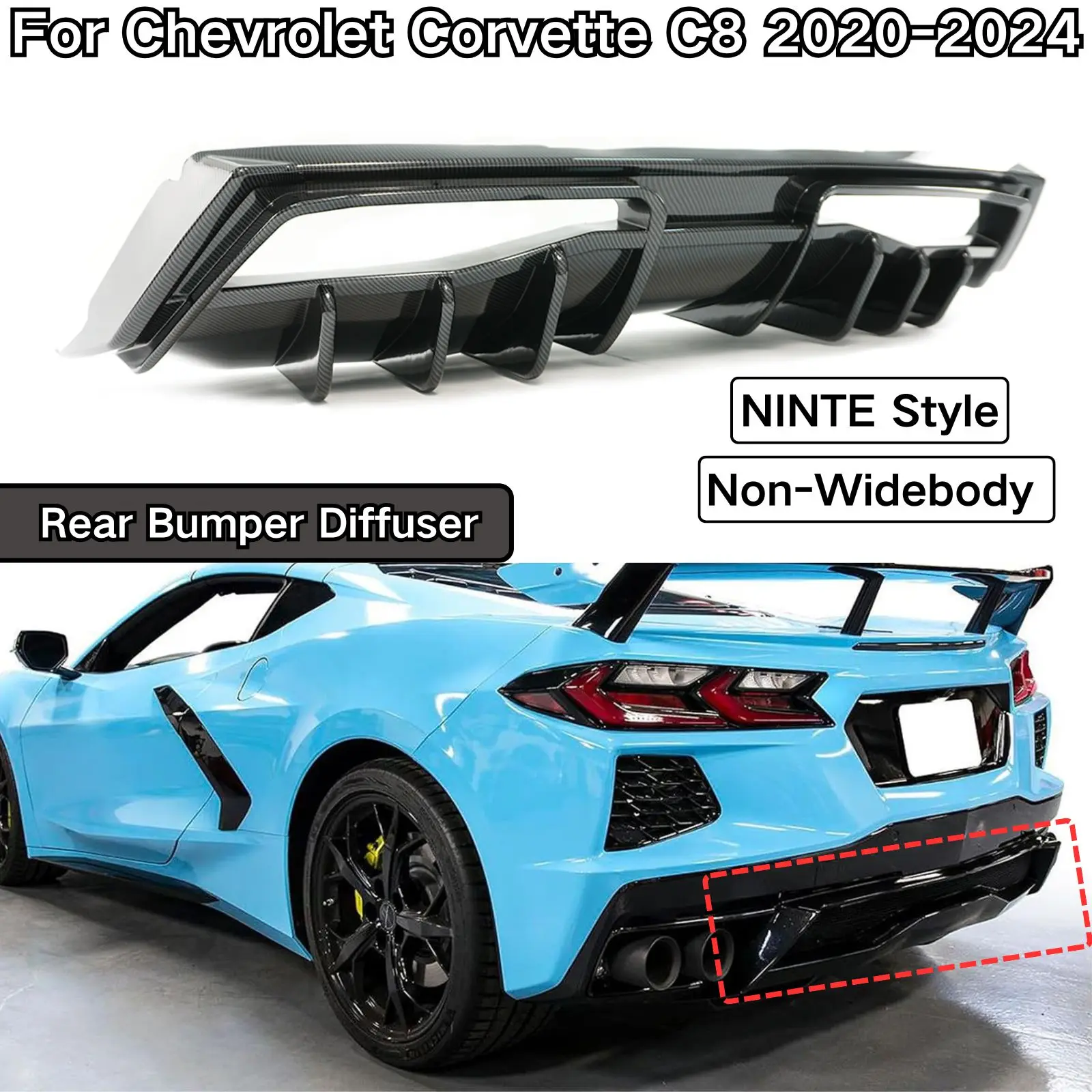 

For Chevrolet Corvette C8 2020-2024 NINTE Style Rear Bumper Diffuser Non-Widebody Glossy Black Cars Accessories Body Kit