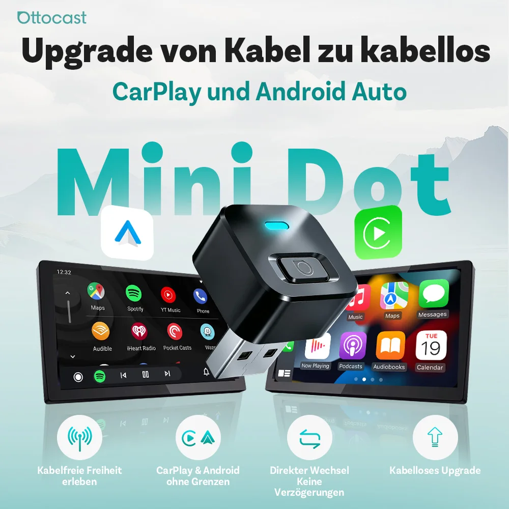 Ottocast Mini Dot Kabelloser CarPlay-Adapter Android Auto Wireless-Adapter Erkennt 2 Geräte WiFi 6 + BT 5.4 Schnelle Automatische Wiederverbindung Plug & Play Automatische Wiederverbindung 2026 Neu