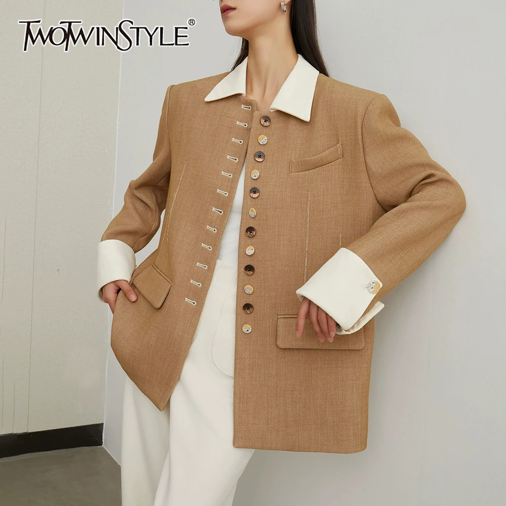 

TWOTWINSTYLE Khakl сращенная однобортная куртка женская с лацканами и длинным рукавом свободные офисные женские куртки осенняя мода новинка