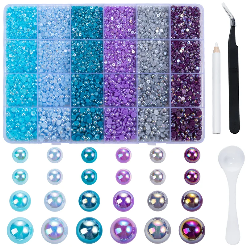 

24-grid 3/4/5mm Flatback Resin Pearl Set with Tools For Handicrafts Clothing Shoes Wedding Dresses Nails Art Decoration