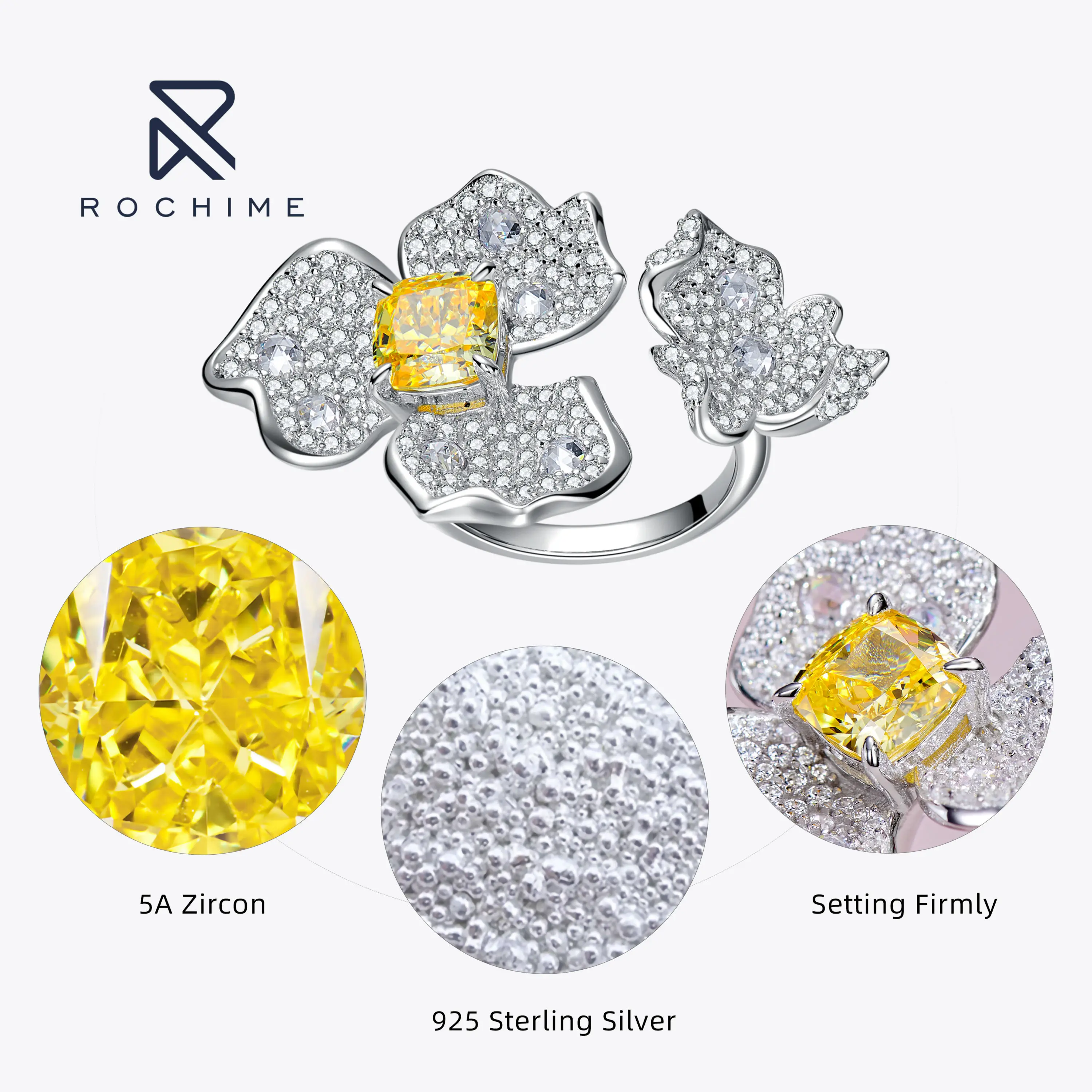 Rochime-Anillo de Plata de Ley 925 con forma de racimo de flores para mujer, sortija de diamante amarillo ajustable, joyería chapada en oro