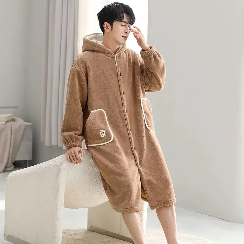 

Men Hooded Winter Sleepwear Thicken Flannel Warm Plush Shower Robe Japanese Style Solid Bathrobe Soft Male Night Gown