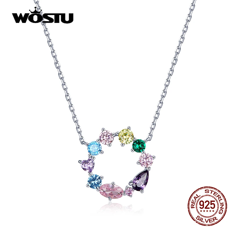 WOSTU 17.7''Genuine 925 Sterling Silver Lucky Wreath Pendant Necklace for Women Colorful Zircon Necklace Fine Birthday Gifts