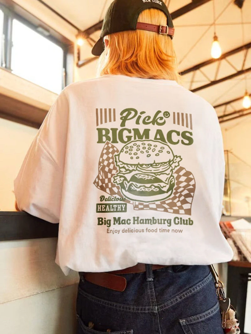 

Винтажная футболка с забавным принтом «Гамбургер Биг Мак», женская летняя футболка с короткими рукавами