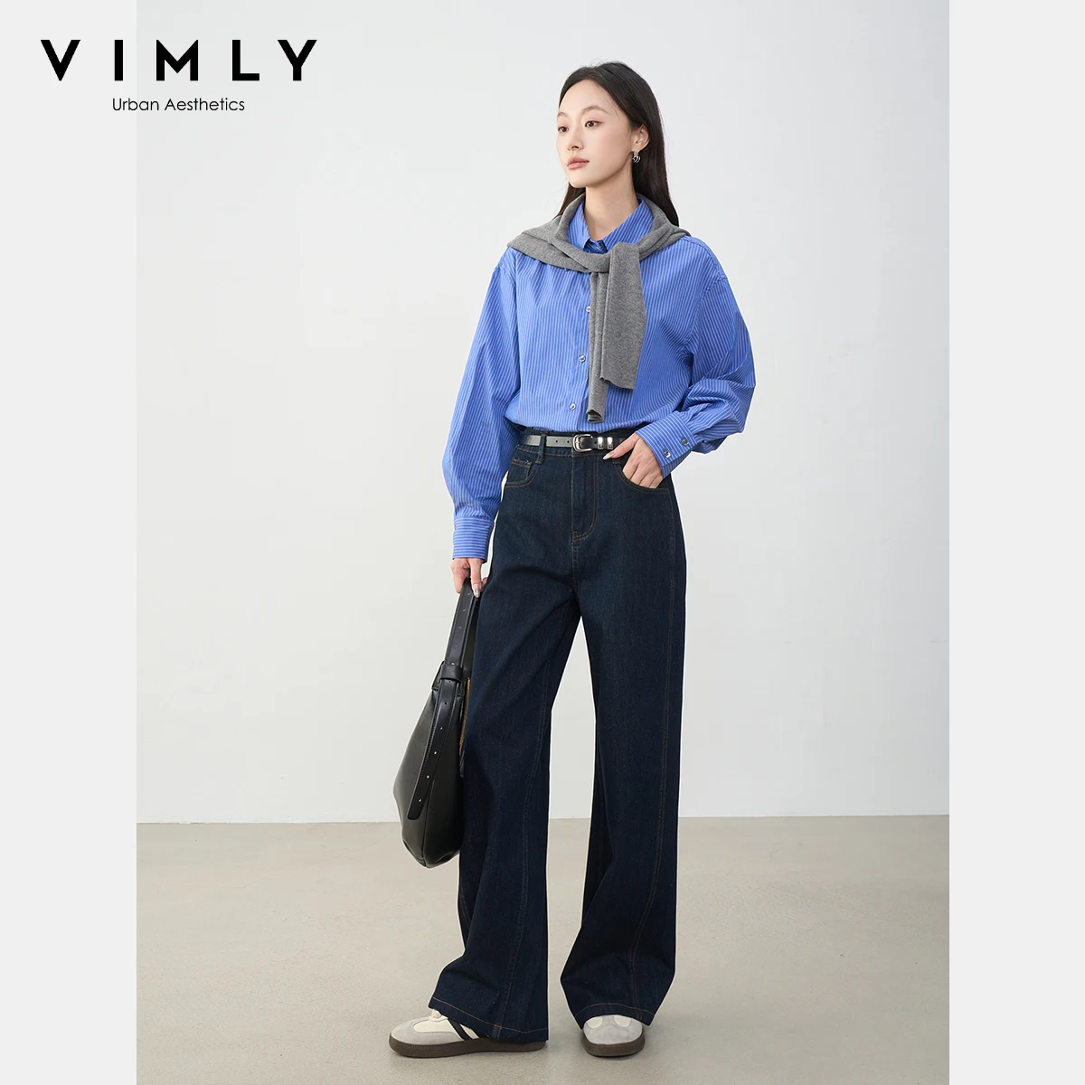 VIMLY الأزرق الداكن الدنيم امرأة السراويل خريف 2025 جديد الملابس خمر جيوب منتصف الخصر فضفاض الإناث السراويل ملابس حريمي 75125
