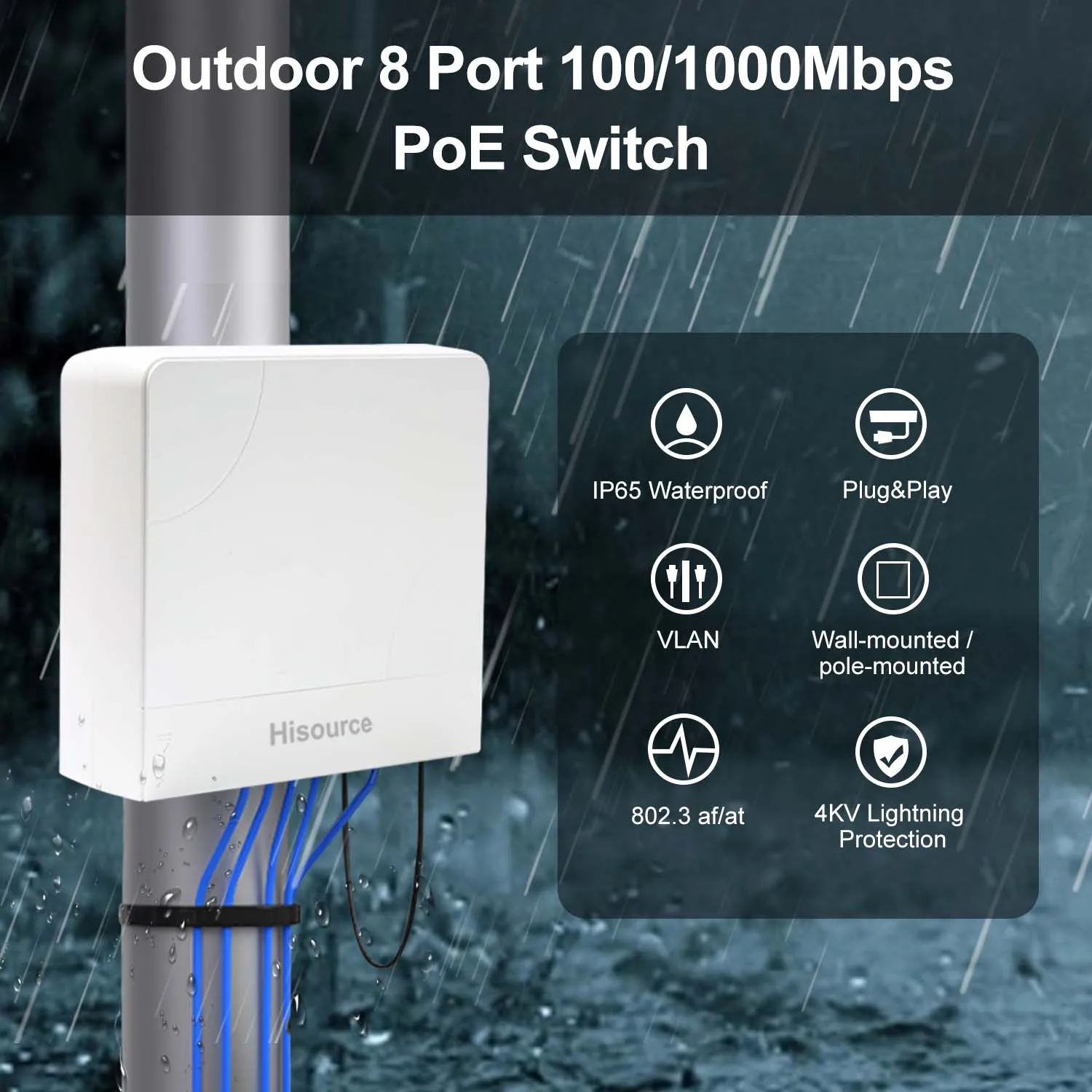 Hisource Outdoor Waterproof 6 8 9 Port POE Switch Active 48V Support IEEE 802.3af/at Network Switch for IP Camera/Wireless AP