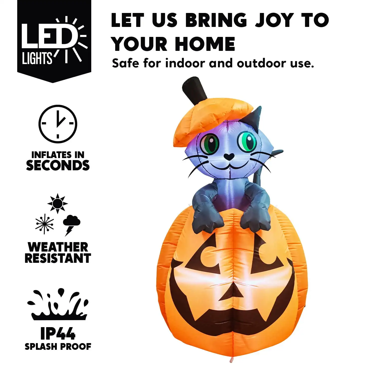 Joyfy 5 pieds animé Kitty chat Halloween gonflable sur citrouille décoration extérieure Halloween gonflable cour pelouse gonflable