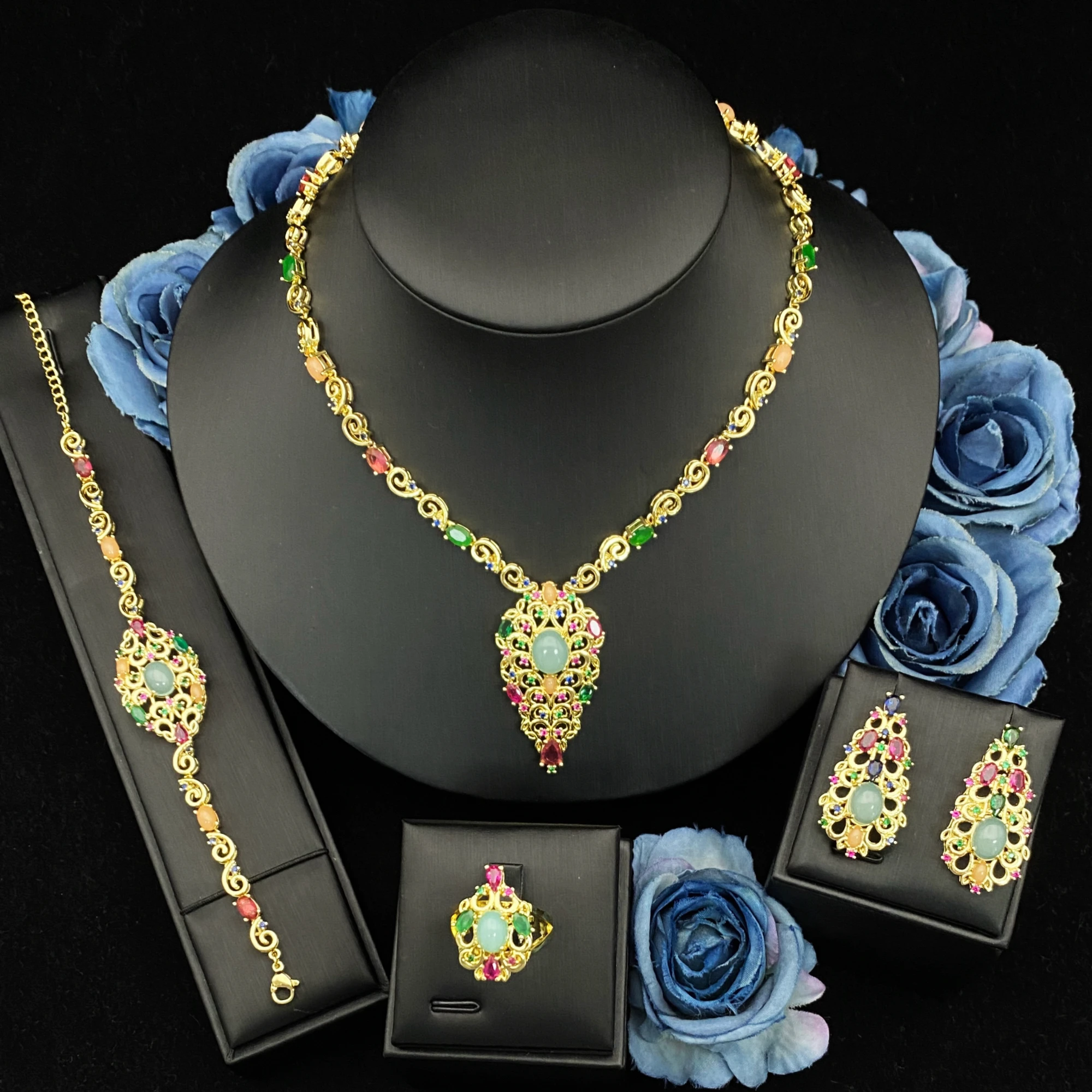 

JRH Daily Luxury Matching Zirconia Jewelry Set Gold Plated Copper Bangle Ring Earrings For Women