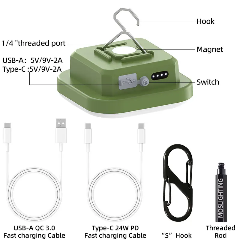 Linterna de Camping MOSLIGHTING, linterna portátil de carga súper rápida, lámpara colgante para tienda de campaña al aire libre, luces de trabajo de mantenimiento de coche de energía