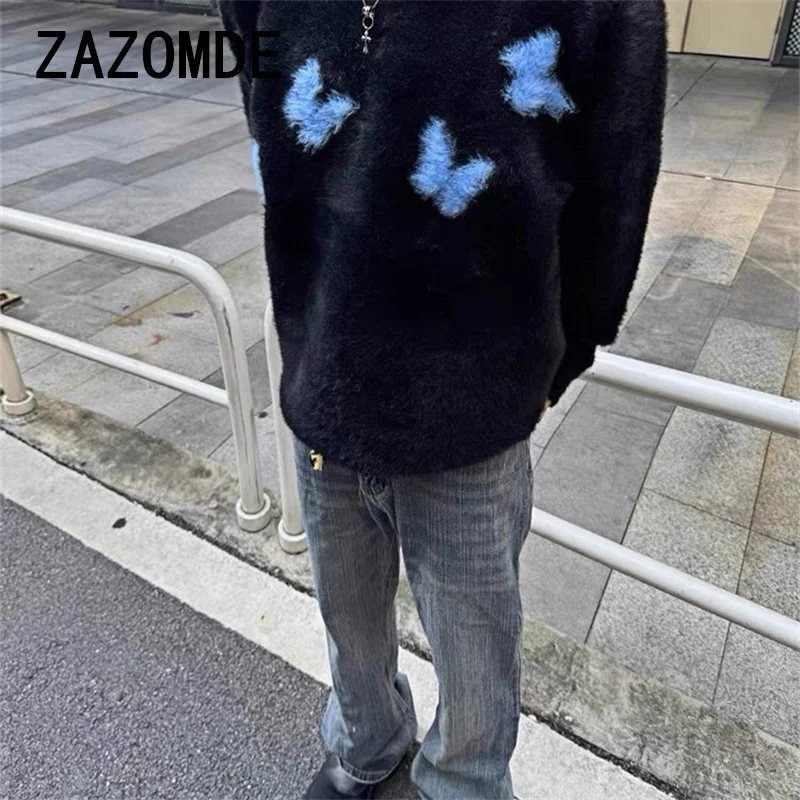ZAZOMDE Harajuku الموهير سترة Y2K الرجال محبوك فراشة مريحة البلوز الشارع الشهير عادية فضفاض كم طويل رقيق غامض البلوز #4
