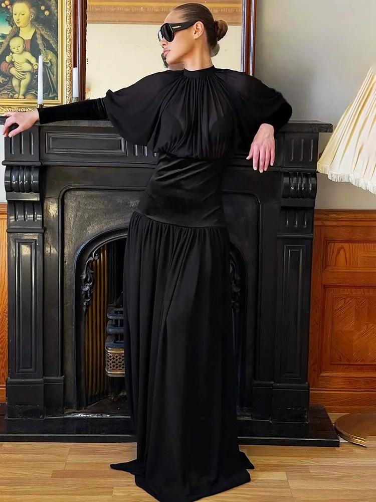 

Ticketsx Fashion See Through Long Dress Black Ruched High Waist Hollow Out Button Slim Dress Elegant Luxury Party Evening Dress