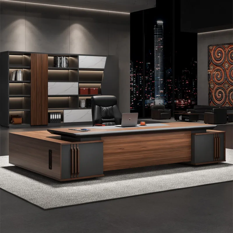 Modern Business L‑Shape Executive Boss Desk Dark Wood Contrast Finish Large Manager Office Table with Side Storage Cabinets