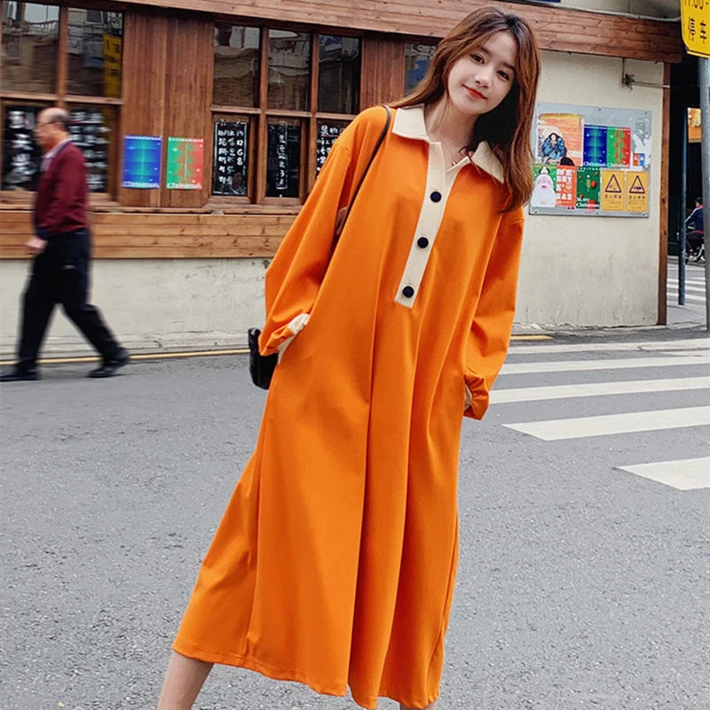 

Women's Turn Down Long Dresses Vintage Pullover Sweatshirts Krean Oversized Retro Ladies Casual Loose Long Dress Ourwear Tops