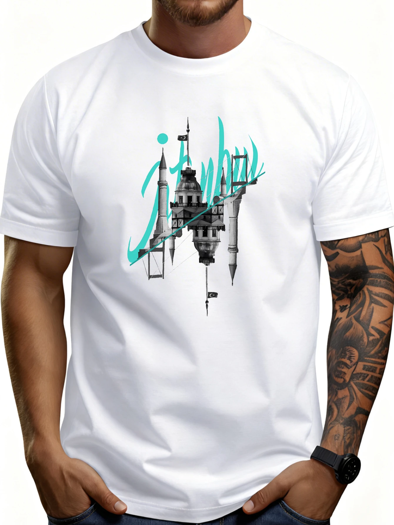 Graphic Design Men's T-Shirt with Architectural Art and Abstract Fonts, Suitable for Casual Wear in Spring and Summer, Is an Ideal Gift for Architecture Enthusiasts and Urban Style Lovers.