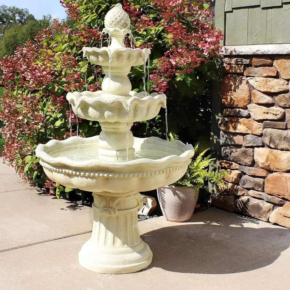 Fuente de agua eléctrica de 51 pulgadas - Característica de agua al aire libre - Fuente exterior de 3 niveles con tapa de piña - Blanco