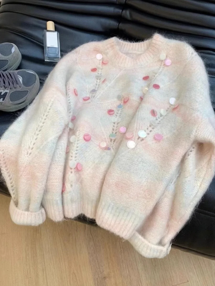 

Ladies Heavy Work Sequin round Neck Pullover Sweater Soft Cozy Knitted Design Autumn Winter New Style Commute Style Pure Color