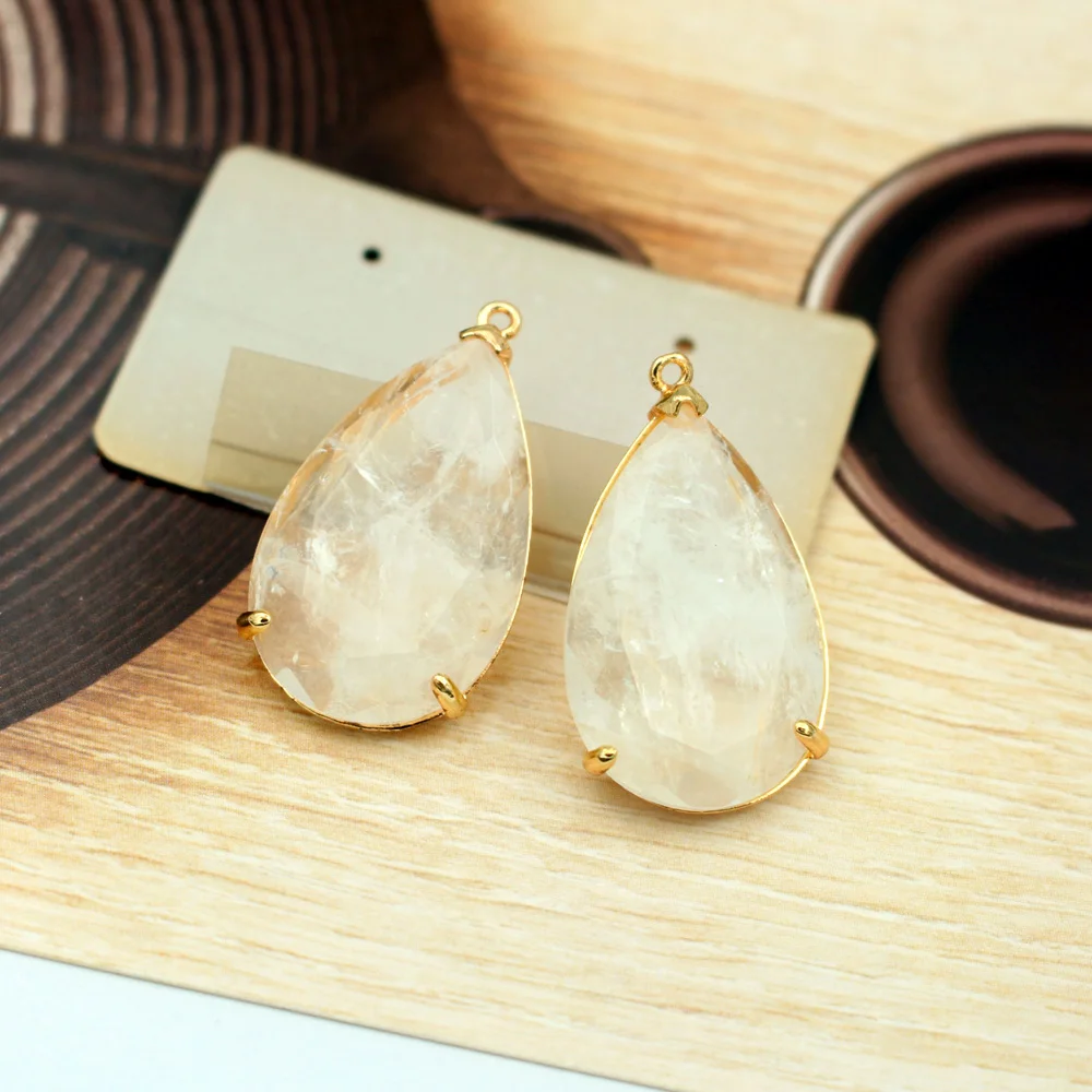 6pcs Faceted Natural Stone Water Drops Pendants Labradorite Amethyst Stone CZ Paved Charms For DIY Handcrafts Earrings Jewelry