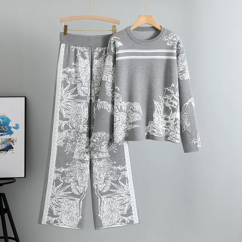 Women's Ink Wash Painting Jacquard Printed Knit Sweater Long Sleeve Pants Crew Neck Comfort Casual Elegant Commute Two Piece Set