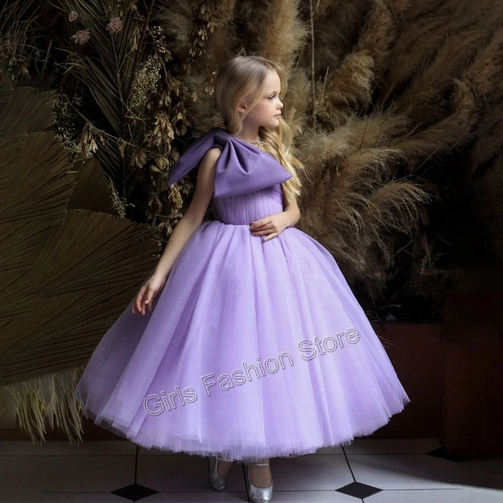 Vestido Formal de lavanda hinchada para niña, traje de flores de un hombro para fiesta de boda, vestido de baile de princesa con lazo grande,