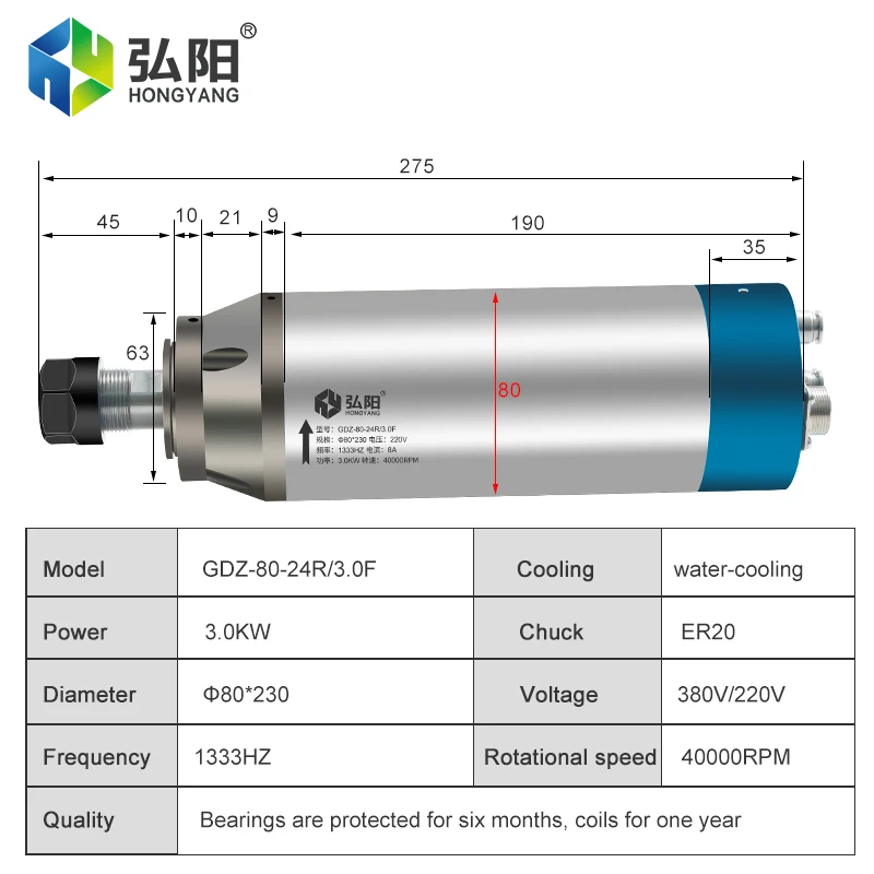 3,0 kW wasser gekühlter Spindel motor 4 Lager 220V 380V Er20 Spannfutter d = 80mm für DIY CNC Edge Maschinen spindel 1333Hz 40000 U/min