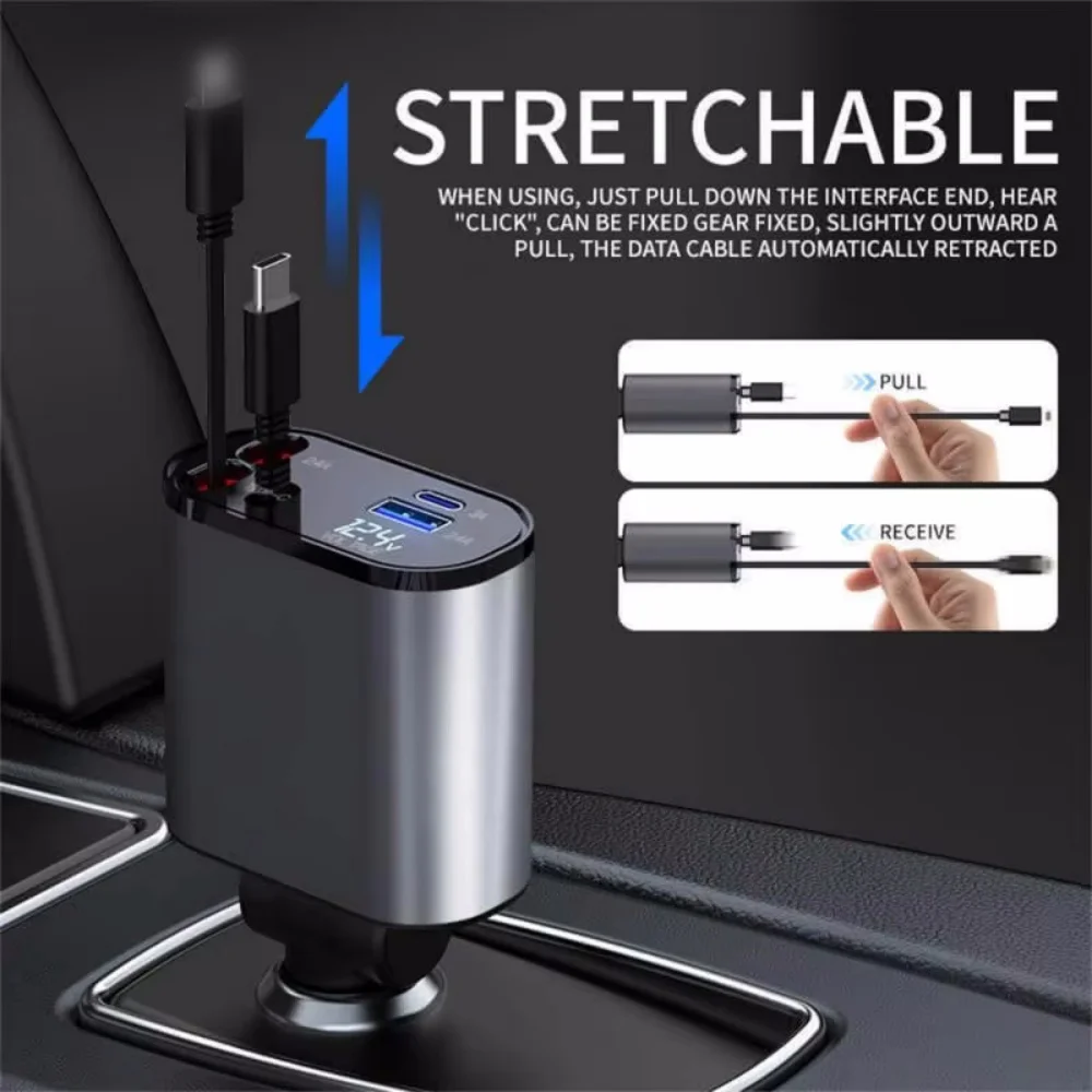 120W Retractable Car Charger 4 in 1 USB C Fast Charging Car Cigarette Lighter Charger Adapter for iPhone Xiaomi Huawei Samsung