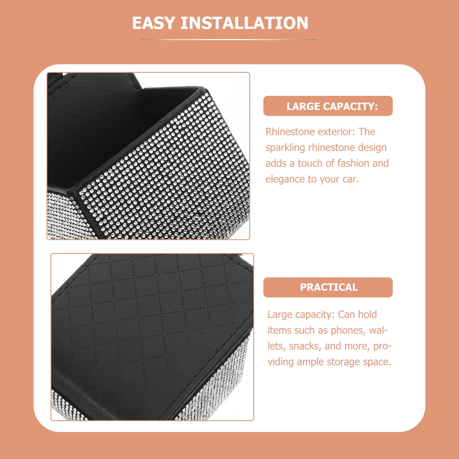 

Air Vent Storage Hanging Bag Sparkling Rhinestone Design Large Capacity Easy Installation Car Pocket Organizer