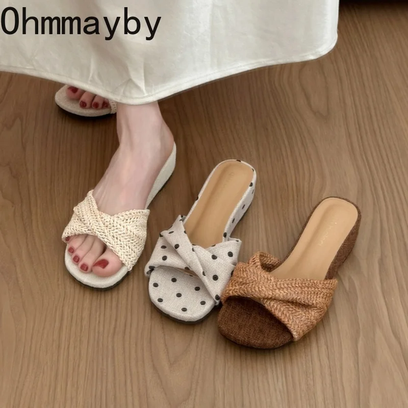 

Summer Polka Dot Slip On Women Slippers Concise Open Toe Wedge Heel Slippers Ladies Outdoor Daily Wear Vacation Dress Slides