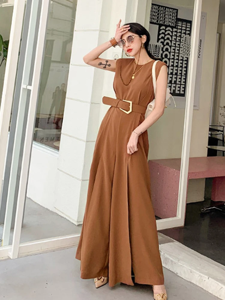 New Korean Fashion Summer Elegant Women Wide Leg Loose Jumpsuit Chic Sexy Sleeveless Belt Slit Long One Piece Romper Beach Party