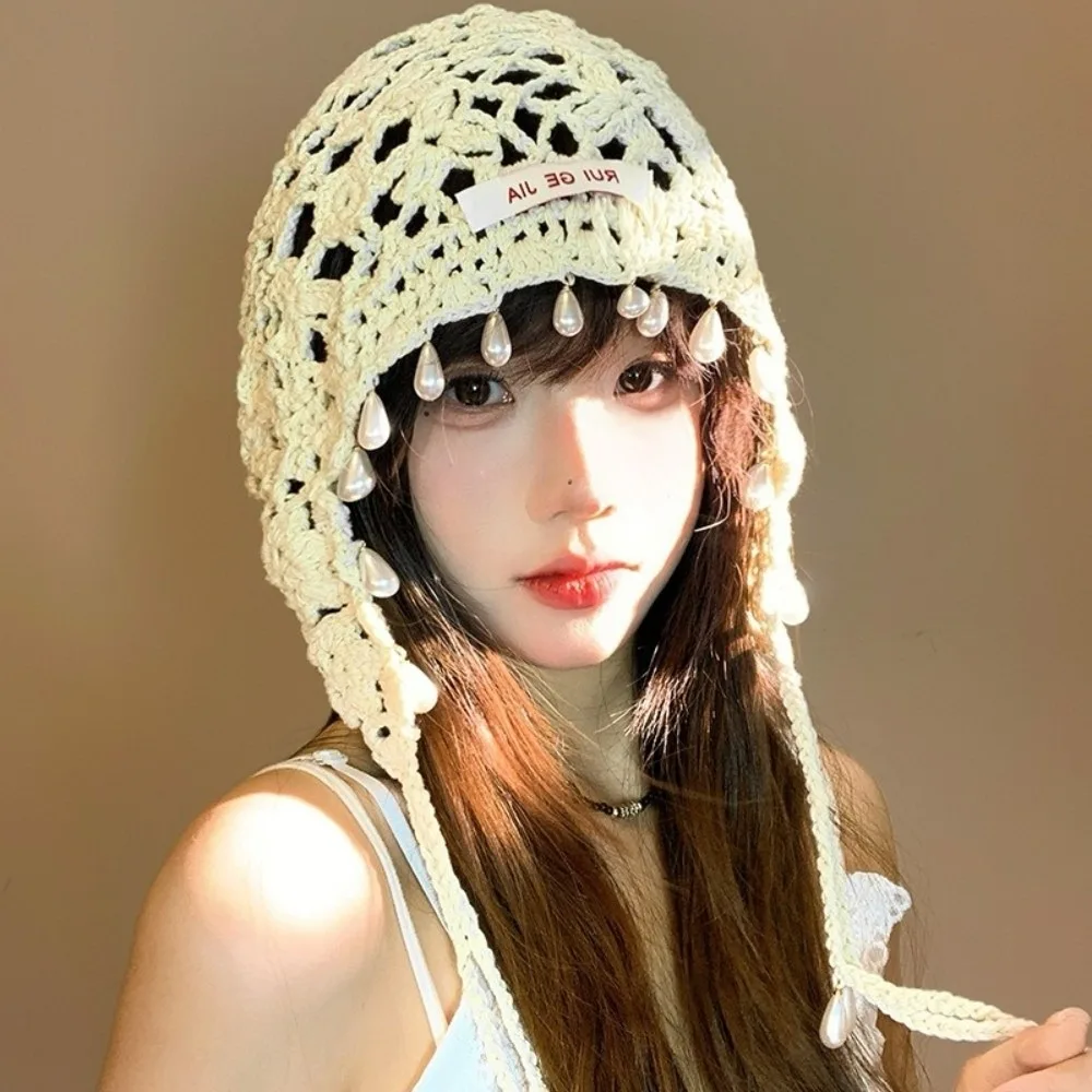 

Korean Handmade Crochet Tassels Cap Pearls Y2k Knitted Beanies Caps Sweet Hollow Weave Basin Hats Women