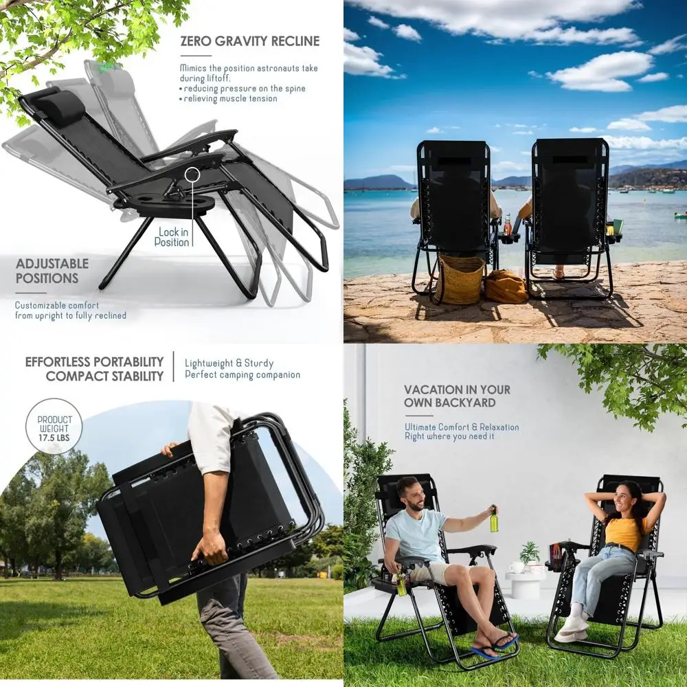 

Портативное кресло-шезлонг с функцией нулевой гравитации, подушками, подстаканником и регулируемой сеткой для использования на улице, пляже и патио — черное