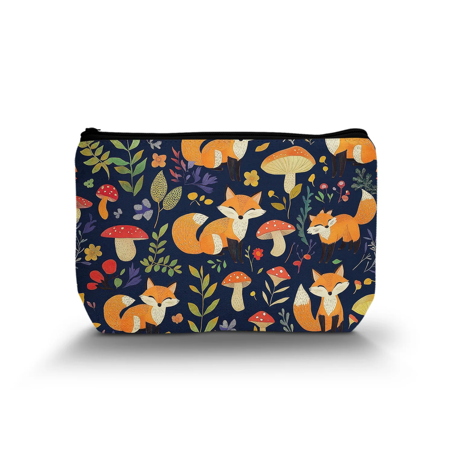 1Pc Cute Cartoon Fox Pattern Cosmetic Bag Mushroom Leaves Plant Animal Theme Black Background Cosmetic Bag