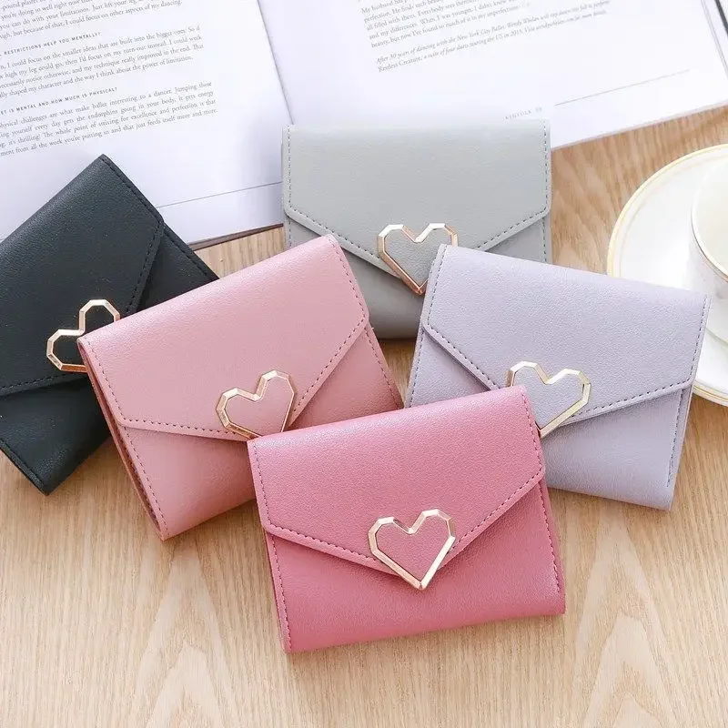 

2024 New Small Short Heart Card Wallet Women's Short Folding Purse Student Cute Mini Fashion Wallet Zero Wallet Case